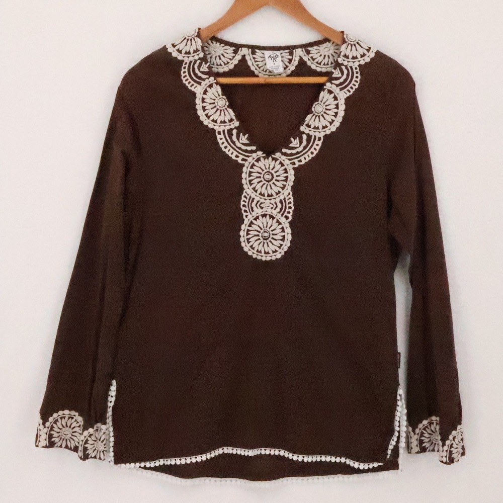 Prana Embroidered Tunic Top Womens Size S Brown Boho Peasant Hippie Long Sleeve